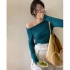 Long-sleeve Off-shoulder Plain Slim-fit Top Peacock Blue - One Size