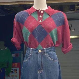 Short-sleeve Polo Collar Argyle T-shirt