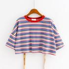 Elbow-sleeve Lettering Strap Striped Top