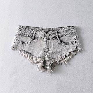 Fringed Hem Washed Denim Hot Pants