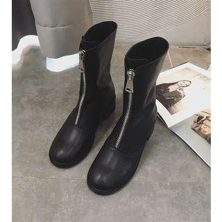 Faux Leather Front Zipper Block Heel Ankle Boots