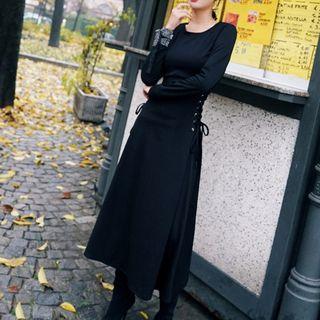 Side Lace-up Long-sleeve Midi A-line Dress