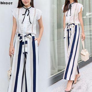 Set: Embroidered Sleeveless Blouse + Striped Wide Leg Pants