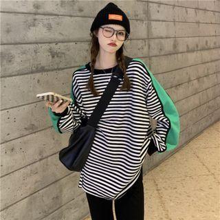 Round-neck Color Block Striped Long-sleeve Top Stripe - One Size