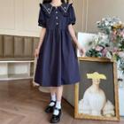 Short-sleeve Embroidered Collared Midi A-line Dress