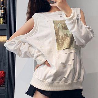 Cold-shoulder Paint Splatter Print Ripped Pullover White - One Size