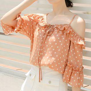 Elbow-sleeve Cutout Dotted Chiffon Top
