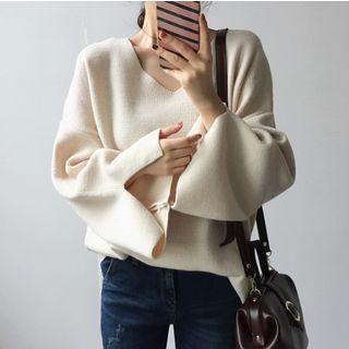 Slit-sleeve V-neck Sweater