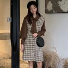 Long-sleeve Tie-neck Shirt / Sleeveless Buttoned Plaid A-line Skirt