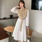 Long-sleeve A-line Midi Dress / Sleeveless Cropped Shirt / Belt / Set