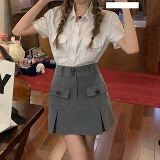 Short-sleeve Pocket Detail Shirt / Mini Pleated Skirt