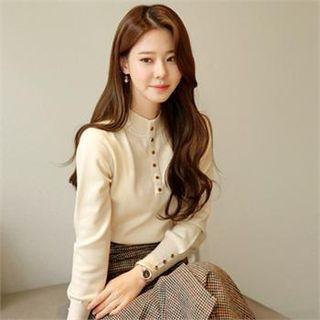 Mock-neck Button-detail Knit Top Ivory - One Size