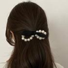 Ribbon Fabric Faux Pearl Hair Tie Black - One Size