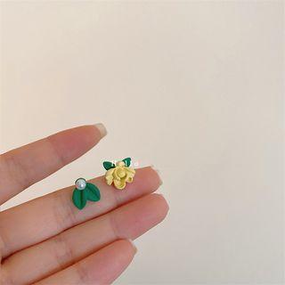Flower Leaf Asymmetrical Alloy Earring 1 Pair - D1333 - Yellow & Green - One Size