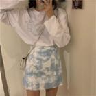 Long-sleeve Printed T-shirt / Tie-dyed A-line Mini Skirt
