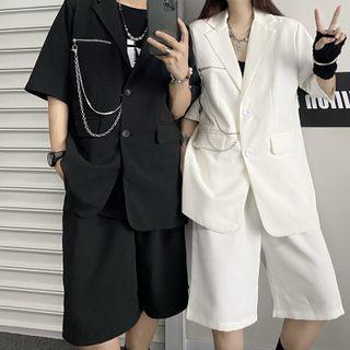 Elbow-sleeve Chained Single-breasted Blazer / Wide Leg Shorts
