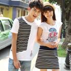 Couple Matching Short-sleeve Print T-shirt / Striped Panel T-shirt