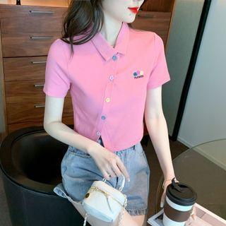 Short-sleeve Collar Flower Embroidered T-shirt