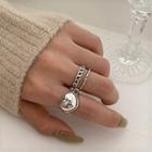 925 Sterling Silver Heart Signet Open Ring / 925 Sterling Silver Cutout Chain Open Ring
