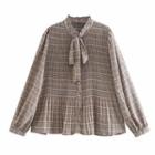 Long-sleeve Pleated Plaid Blouse