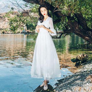 Elbow-sleeve Chiffon A-line Maxi Dress