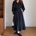 Long-sleeve Irregular Plain Lace-up Dress Black - One Size