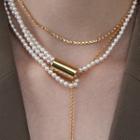Asymmetric Faux Pearl Layered Necklace Gold - One Size