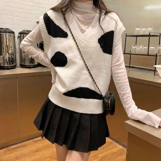 Cow Print Sweater Vest / Pleated Skirt / Mesh Top