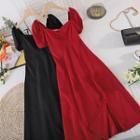 V-neck Plain Puff-sleeve Slit Dress