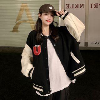 Fluffy Lettering Baseball Jacket Black - One Size