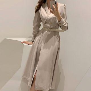 Double-breasted Long-sleeve Slit Midi A-line Dress
