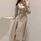 Double-breasted Long-sleeve Slit Midi A-line Dress