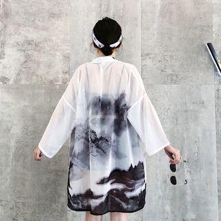 Mountain Print Long Light Jacket White - One Size