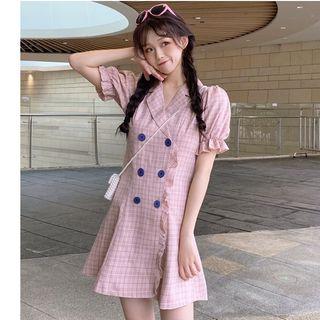 Double-breasted Plaid Short-sleeve A-line Dress