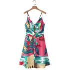 Spaghetti Strap Printed Button-up A-line Dress