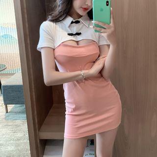 Short-sleeve Cutout Two-tone Frog-buttoned Mini Bodycon Dress