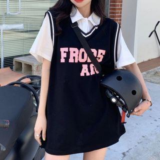 Mock Two-piece Short-sleeve Lettering Mini Shirt Dress