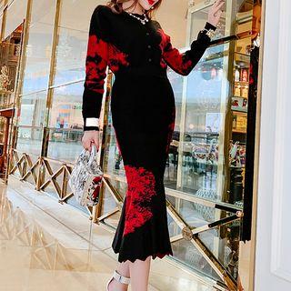 Set: Printed Cardigan + Printed Midi Knit Mermaid Skirt Black - One Size