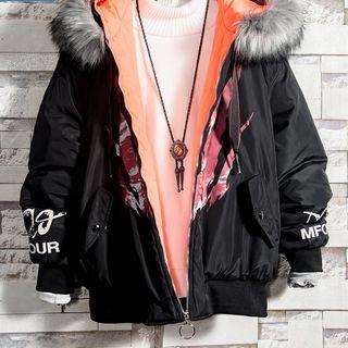 Furry Trim Lettering Hooded Padded Coat