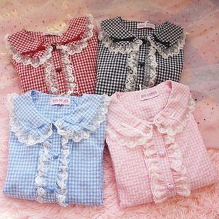 Long-sleeve Lace Trim Gingham Blouse