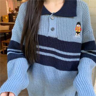 Embroidered Striped Knit Polo Shirt