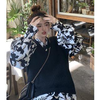 Lantern-sleeve Print Blouse / V-neck Knit Vest (various Designs)