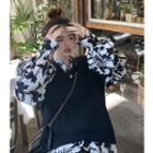 Lantern-sleeve Print Blouse / V-neck Knit Vest (various Designs)