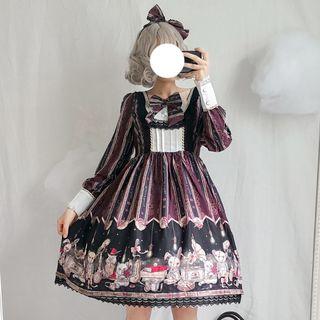 Long-sleeve Print A-line Dress / Hairband