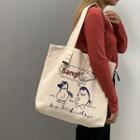 Penguin Print Canvas Tote Bag Beige - One Size
