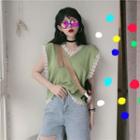 Lace-trim Summer-knit Top Green - One Size