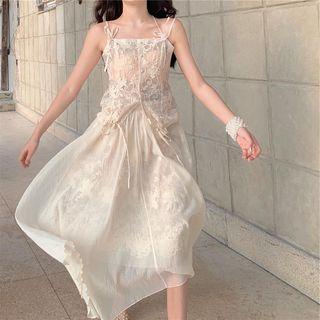 Drawstring Strap Lace Top / High-waist Printed Skirt