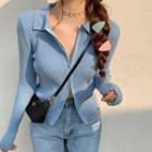 Long-sleeve Polo Collar Plain Ribbed Zip-up Knit Top