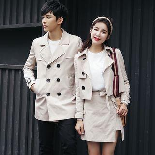 Couple Matching Double-breasted Trench Jacket / Set: Double-breasted Trench Jacket + A-line Skirt