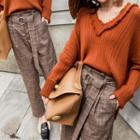 Set: V-neck Long-sleeve T-shirt + Plaid Dress Pants